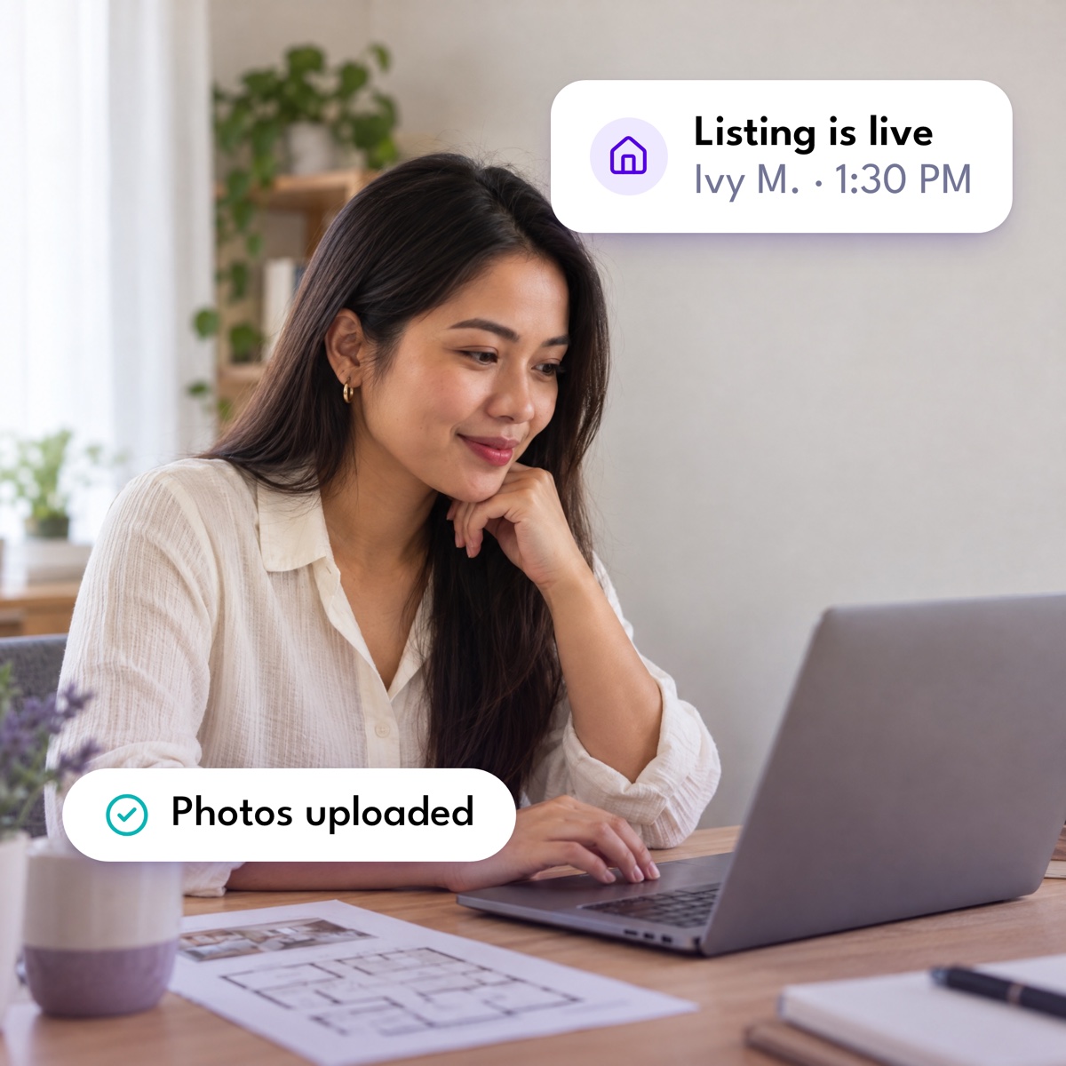 A real estate assistant reviewing listing photos on her laptop, with a "Listing is live" notification and a "Photos uploaded" label