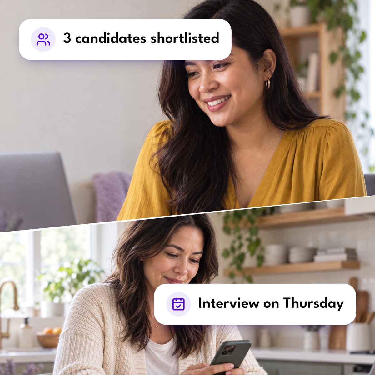 A recruitment assistant on a video interview above a business owner reading her phone in the kitchen, with "3 candidates shortlisted" and "Interview on Thursday" labels