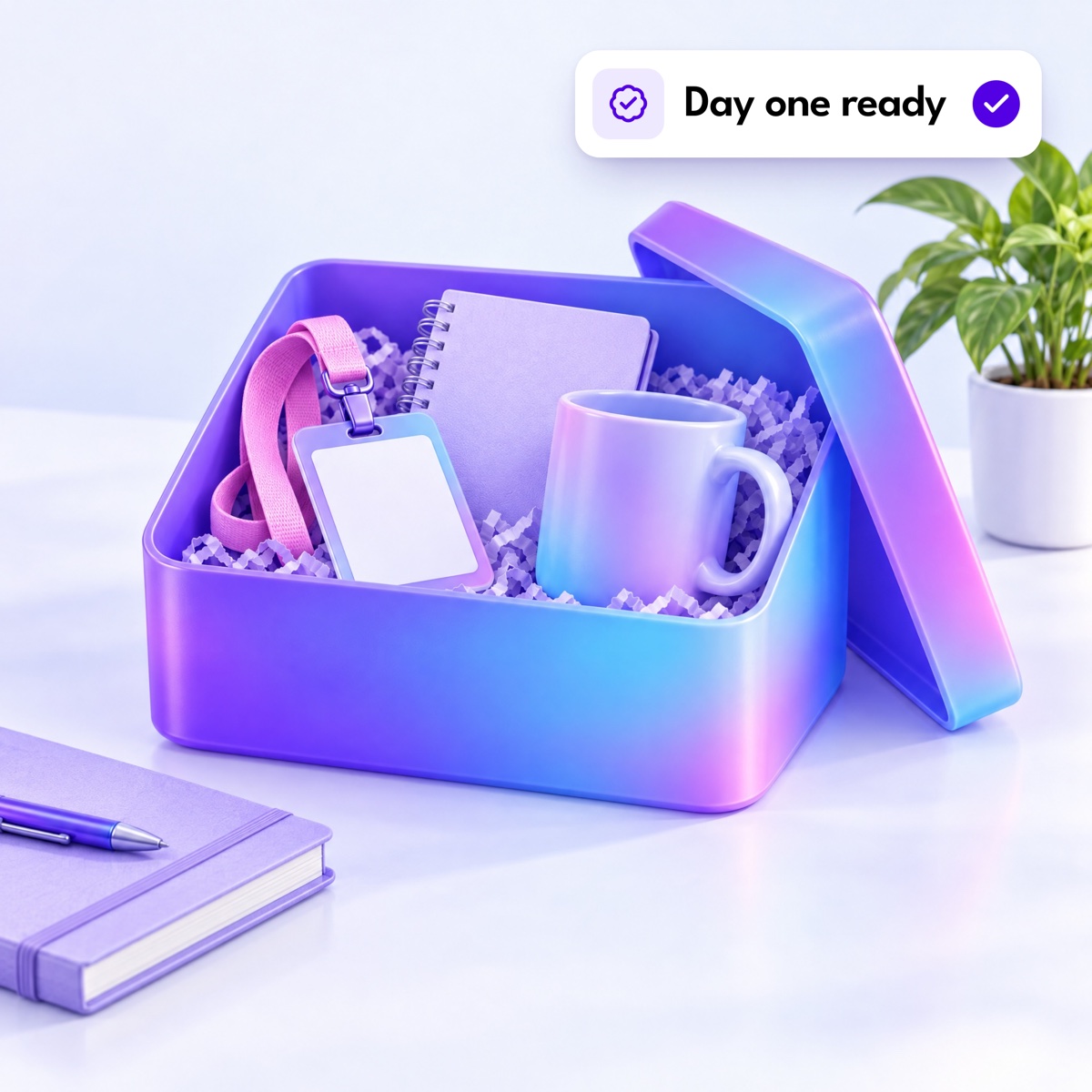 An open welcome box with an ID badge, a notebook and a mug, with a "Day one ready" notification