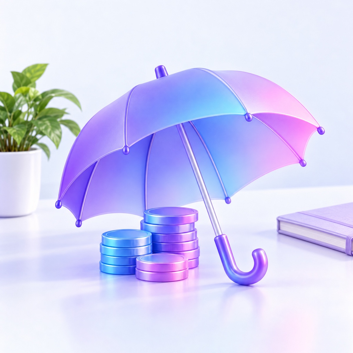 A rounded violet umbrella sheltering a small stack of coins