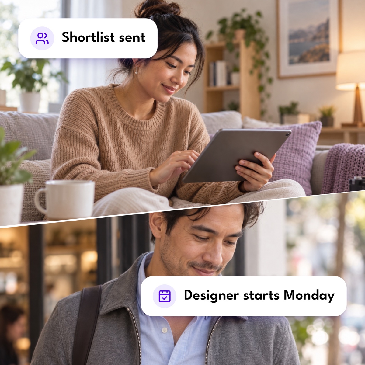 An assistant planning on a tablet above a founder leaving a cafe with his phone, with "Shortlist sent" and "Designer starts Monday" labels