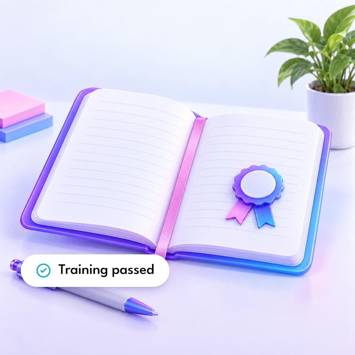 An open violet notebook with a certificate badge on its pages, with a "Training passed" label