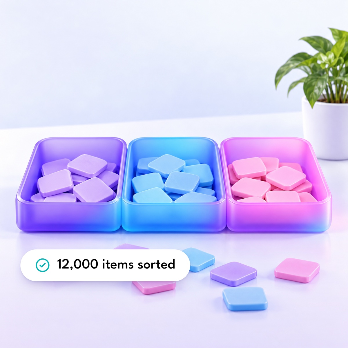 Three rounded trays of tiles sorted by colour, with a "12,000 items sorted" label