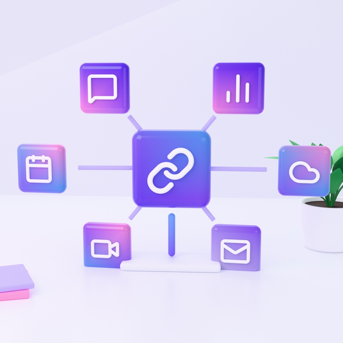 Rounded app tiles for chat, calendar, video and email, joined to a central tile