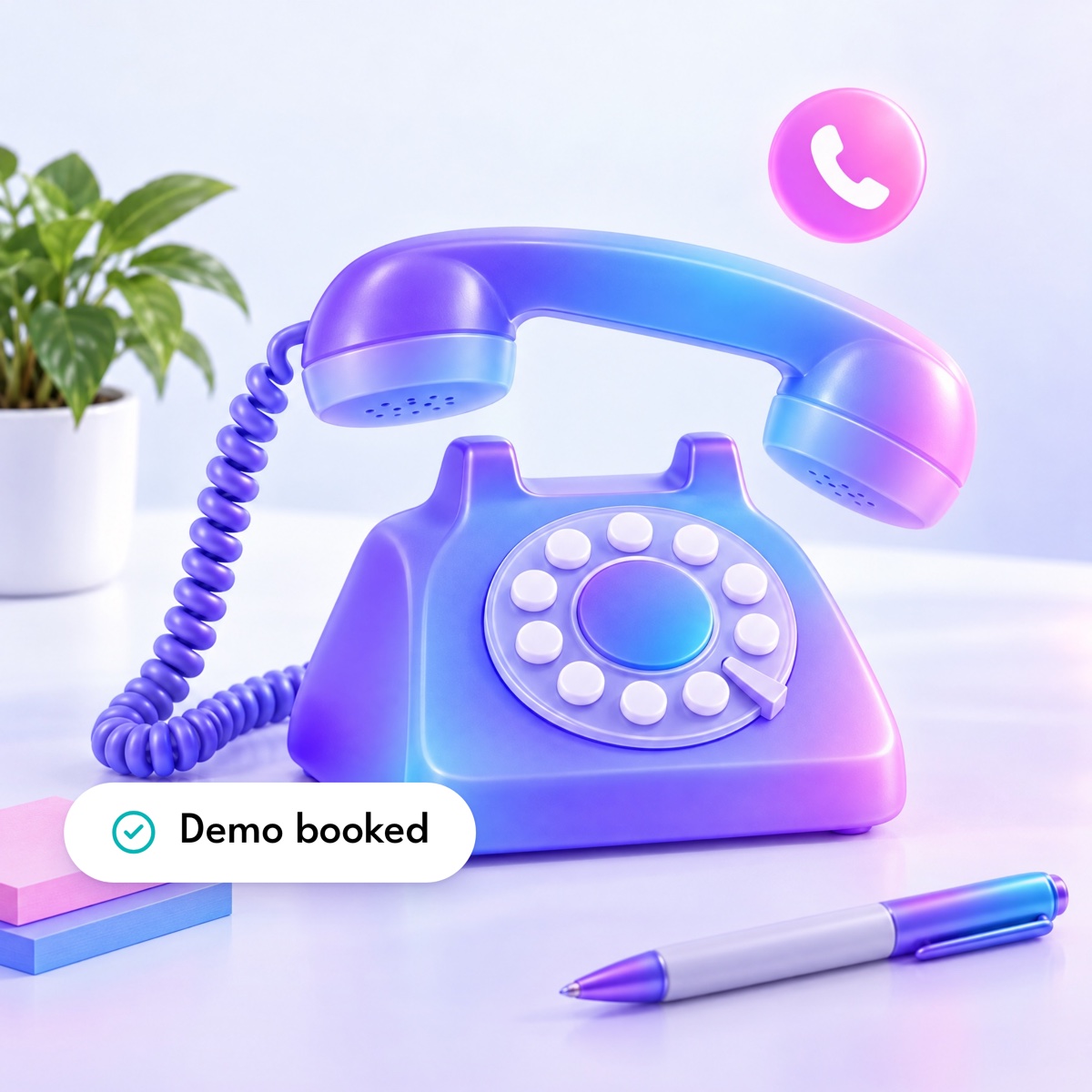 A rounded violet desk phone with its handset lifted, with a "Demo booked" label