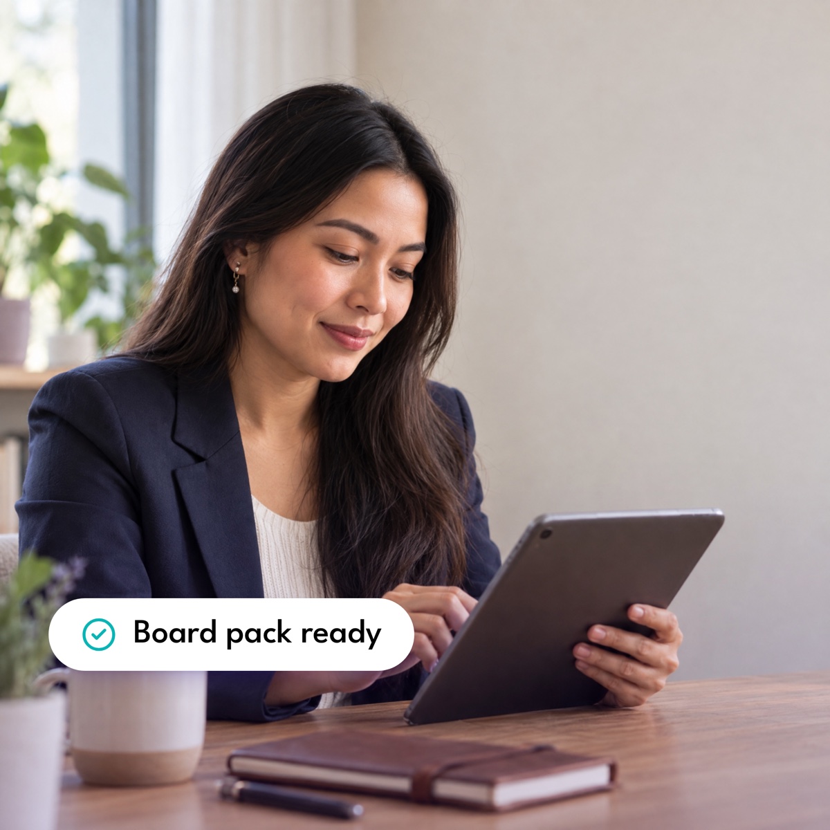 An executive assistant reviewing a briefing on her tablet, with a "Board pack ready" label