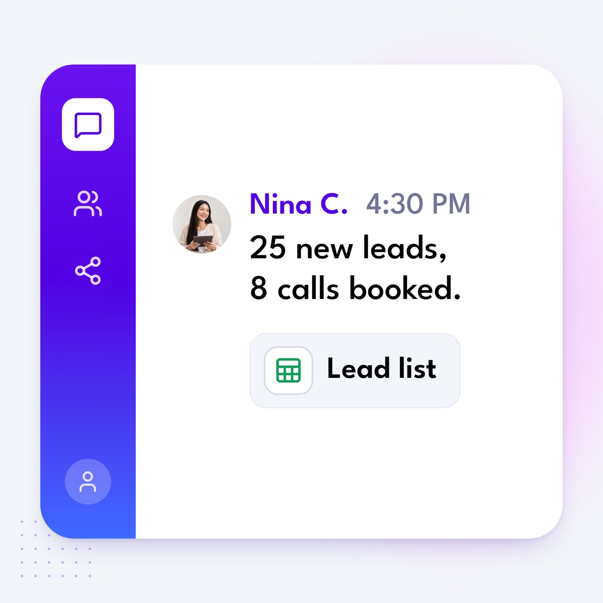 A chat message from Nina C.: "25 new leads, 8 calls booked.", with a linked file
