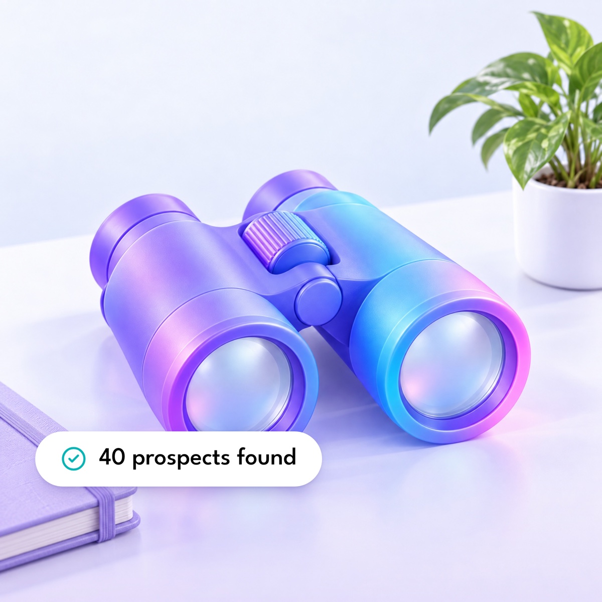 Rounded violet binoculars on a small stand, with a "40 prospects found" label