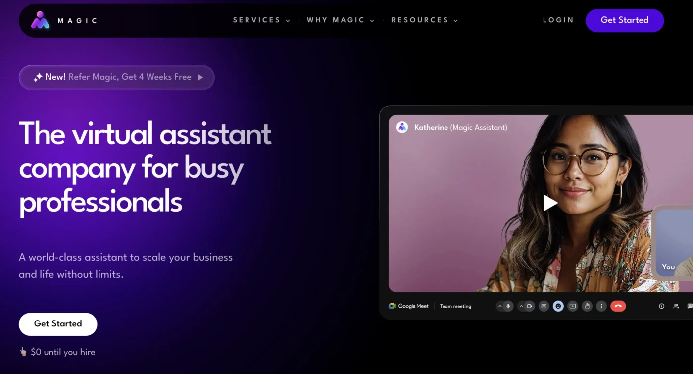 Magic homepage, showing its dedicated virtual assistant service