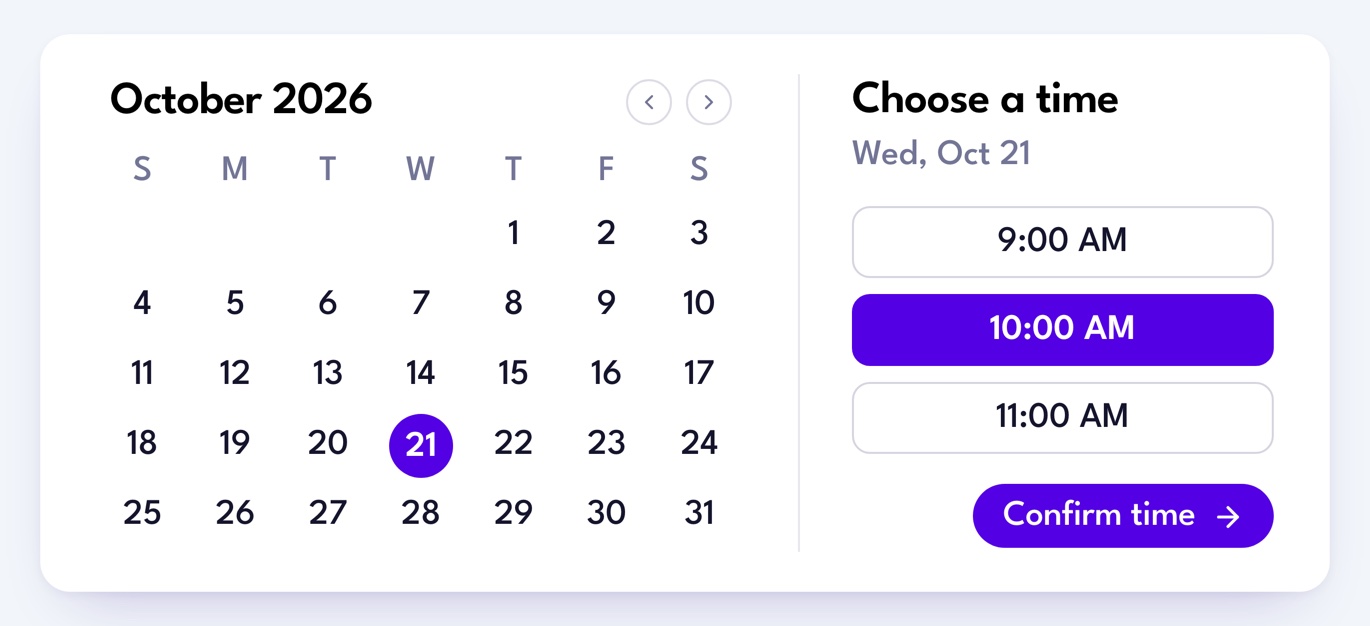 Choose a day and time to speak with Magic. Illustrative booking calendar.