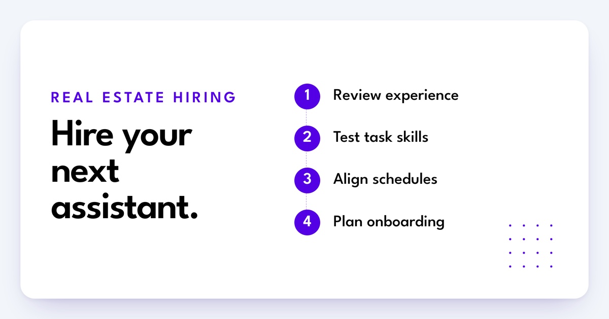 Steps for screening a real estate assistant: experience, task skills, schedules, and onboarding.