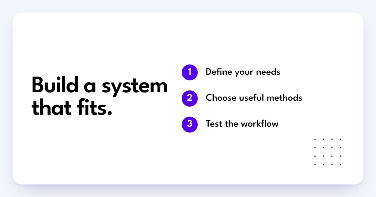 Build a system that fits: Define your needs, Choose useful methods, Test the workflow.