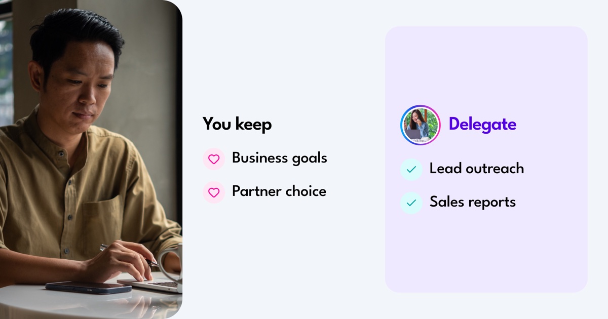 You keep. Business goals. Partner choice. Delegate. Lead outreach. Sales reports.