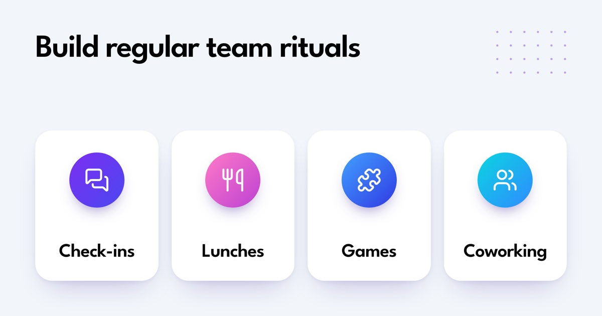 Remote team rituals include check-ins, lunches, games, and coworking.