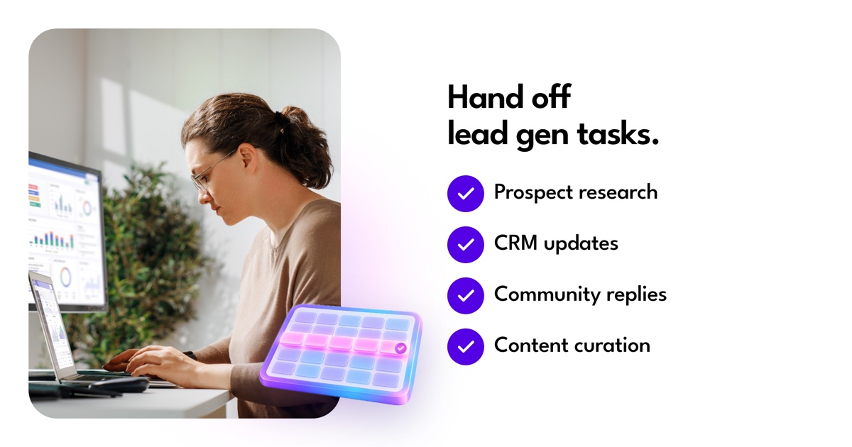 An assistant handles prospect research, CRM updates, community replies, and content curation.