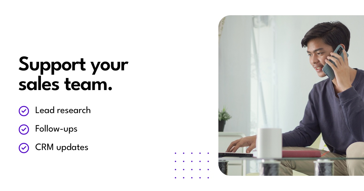 A remote sales professional on a call beside a checklist for lead research, follow-ups, and CRM updates.