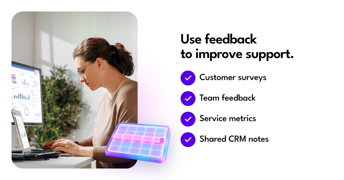 Support improvement draws on surveys, team feedback, service metrics, and CRM notes.