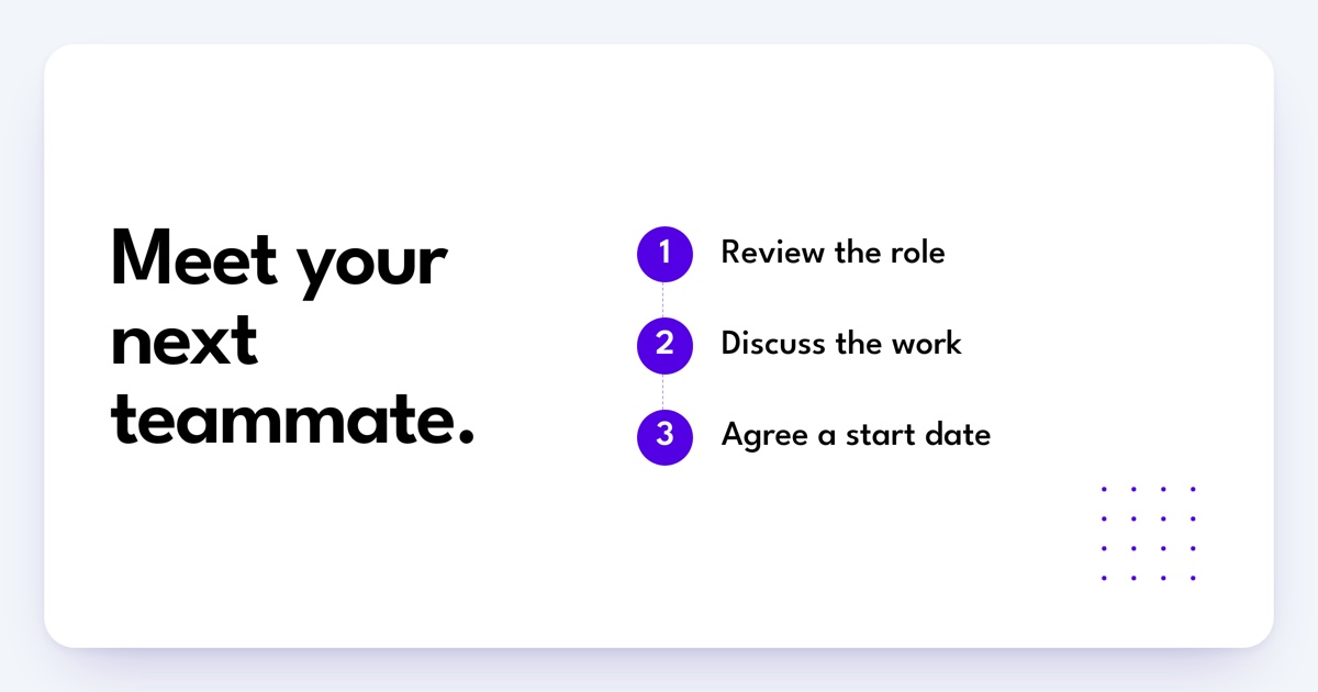 Three steps for an introductory hiring call: review the role, discuss the work, and agree a start date.