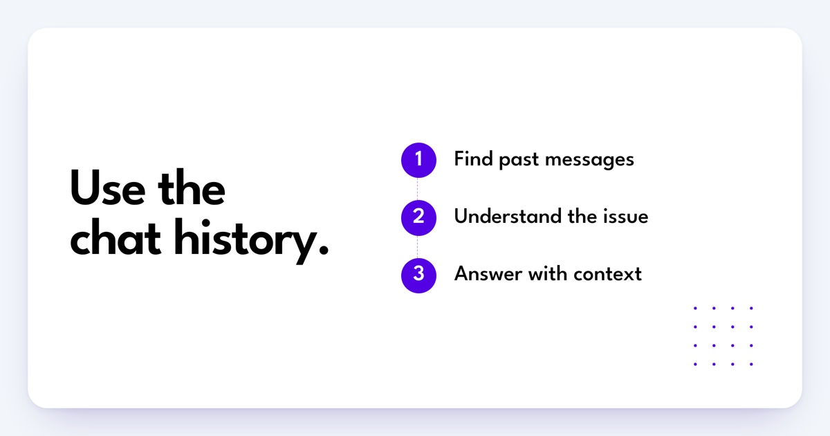 Use the chat history: Find past messages, Understand the issue, Answer with context.