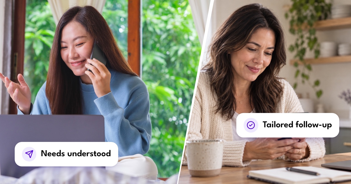 A sales worker understands a prospect's needs before sending a tailored follow-up.