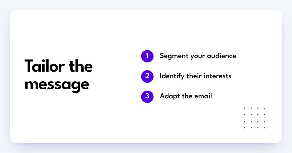 Tailor the message. Segment your audience. Identify their interests. Adapt the email.