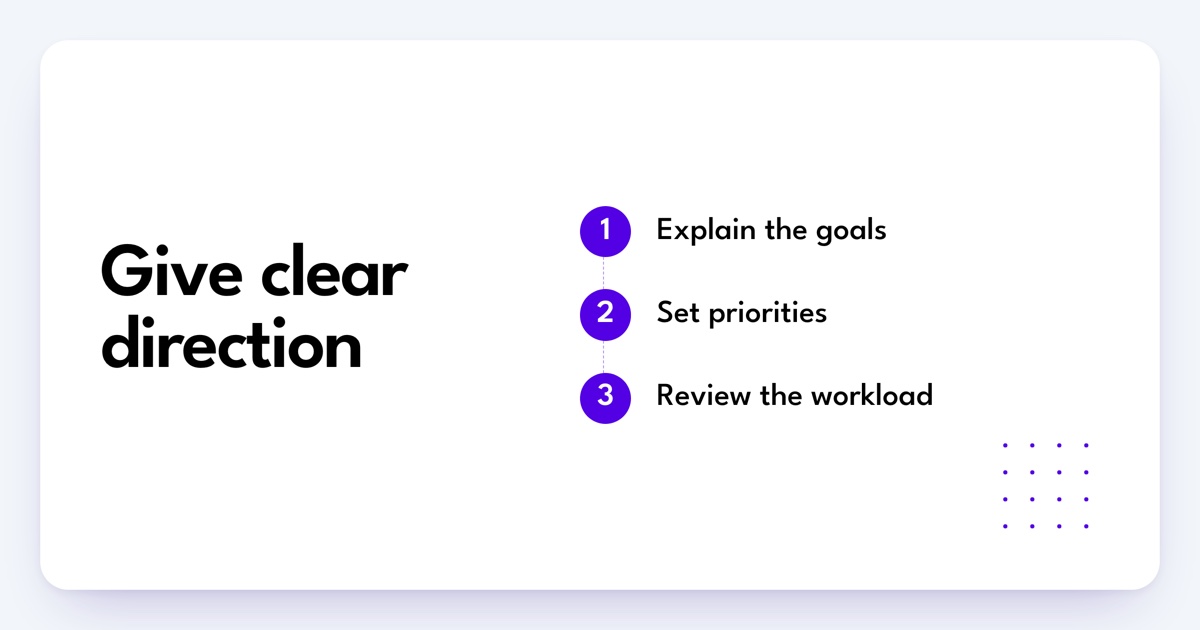Give clear direction. Explain the goals. Set priorities. Review the workload.