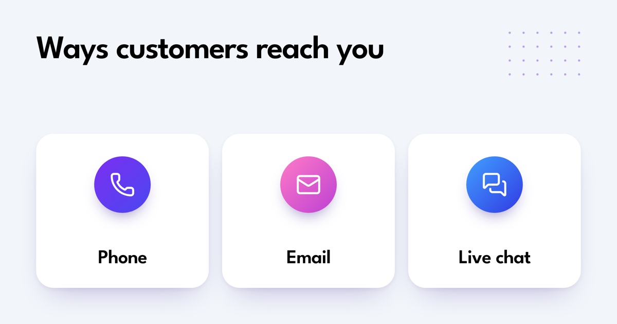 Ways customers reach you: Phone, Email, Live chat.