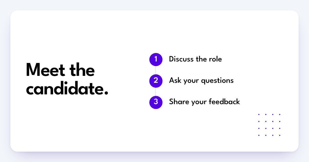 Meet the candidate: Discuss the role, Ask your questions, Share your feedback.