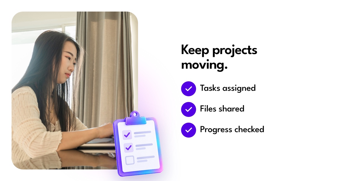 A professional at a laptop with a checklist illustrating task assignment, file sharing, and progress checks.