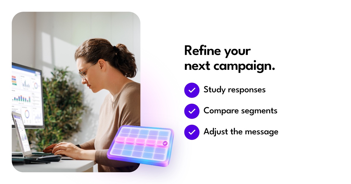 Campaign review compares responses and segments to refine the next message.