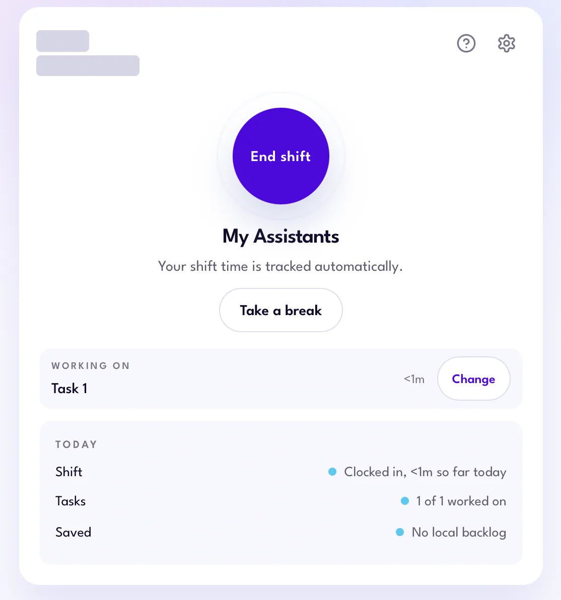 Active shift in the Magic Workspace App with the End shift and Take a break buttons and the current task