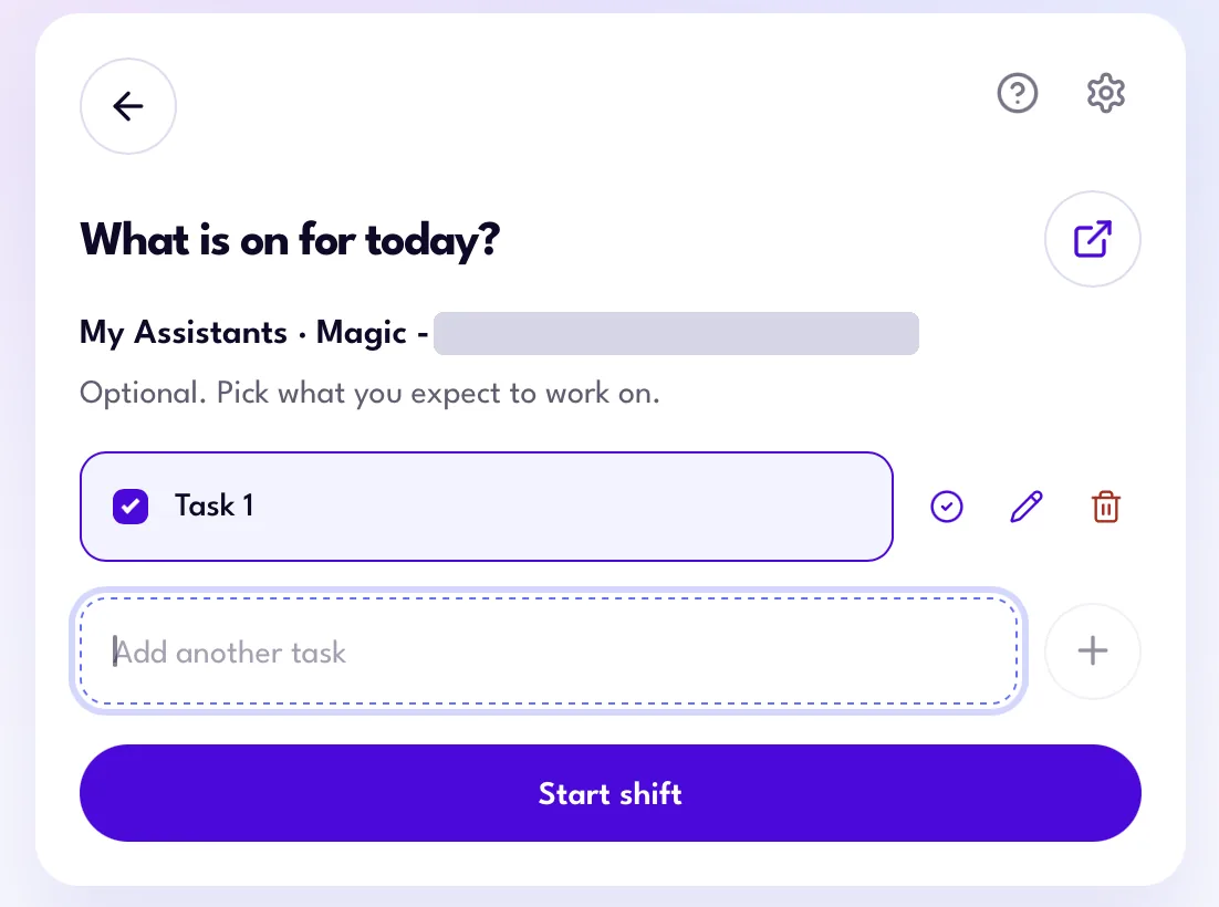 What is on for today screen in the Magic Workspace App with a selected task and its complete, edit and delete icons