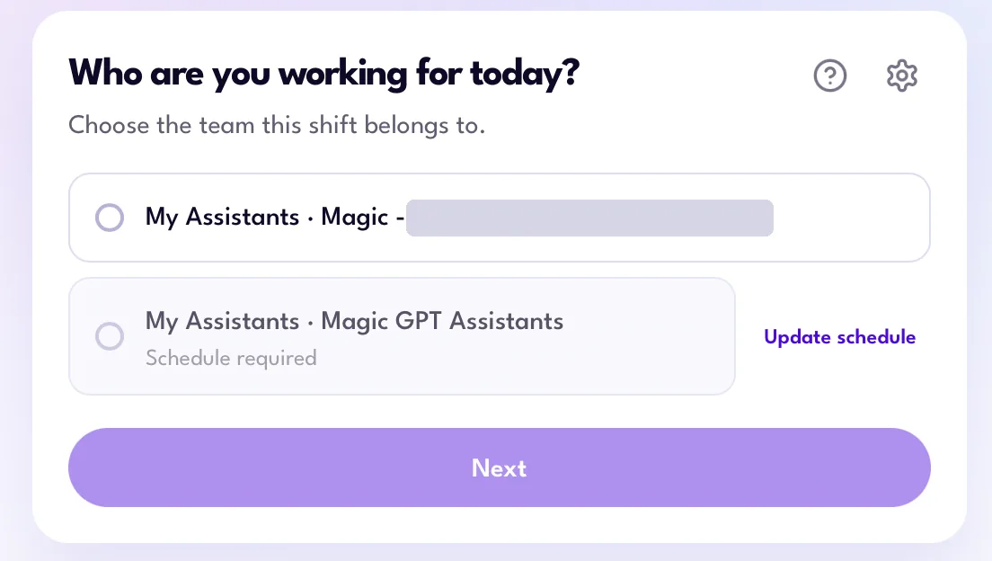 Who are you working for today screen in the Magic Workspace App for choosing the team for a shift