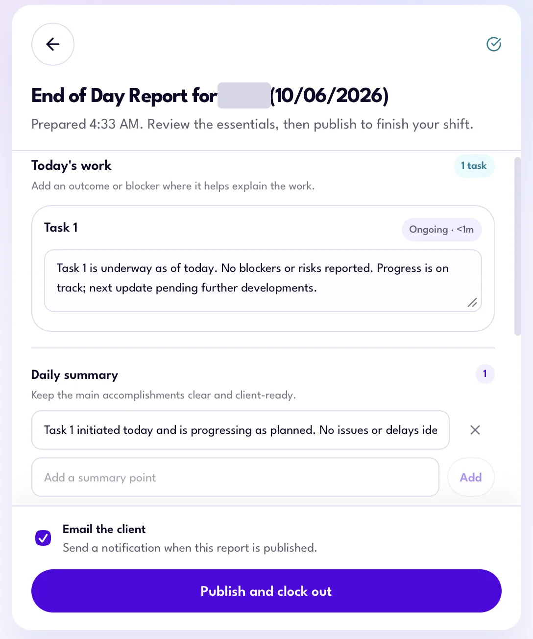 End of Day report in the Magic Workspace App with today's work, a daily summary and the Publish and clock out button