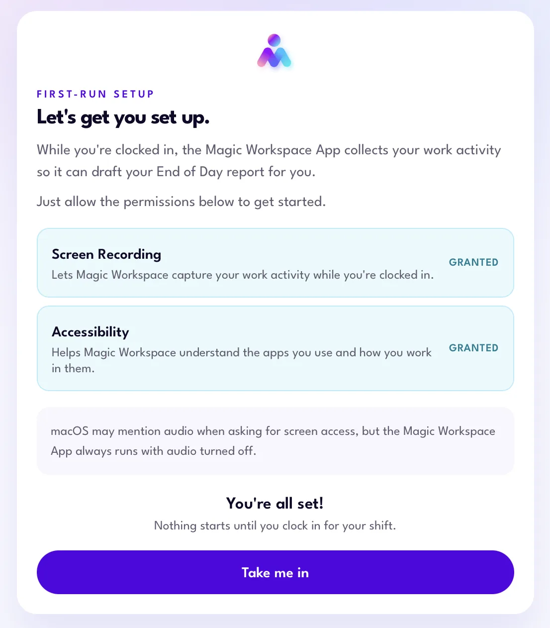 Magic Workspace App first-run setup with Screen Recording and Accessibility permissions both granted