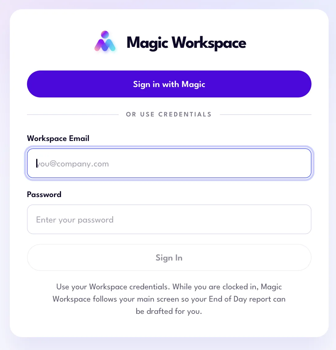 Magic Workspace App sign-in screen with the Sign in with Magic button and Workspace email and password fields