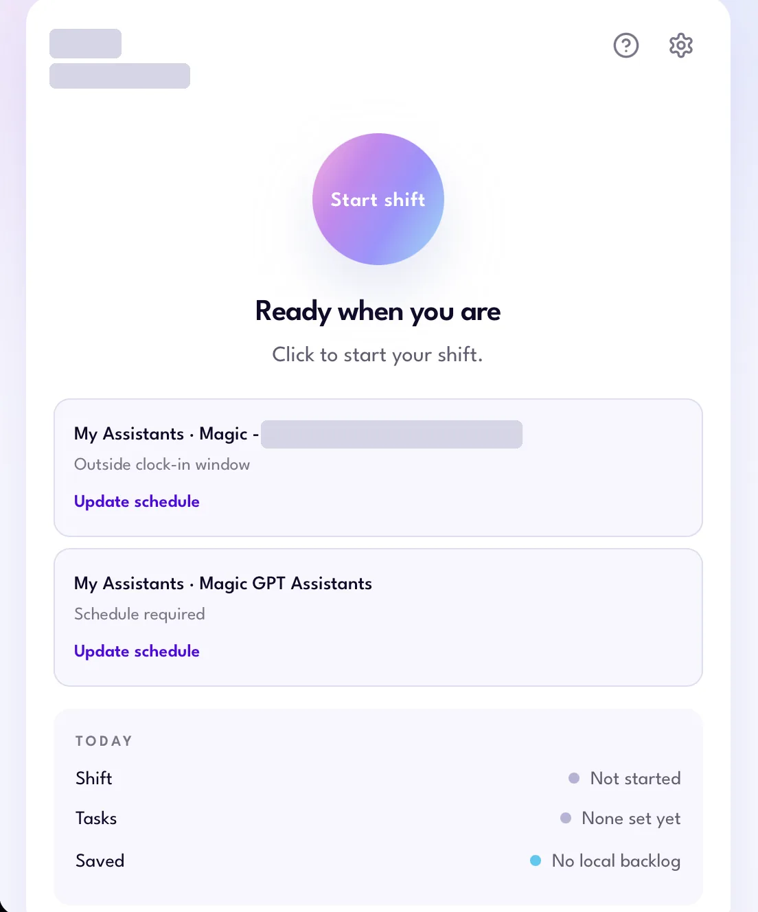 Magic Workspace App home screen with the Start shift button and today's shift status