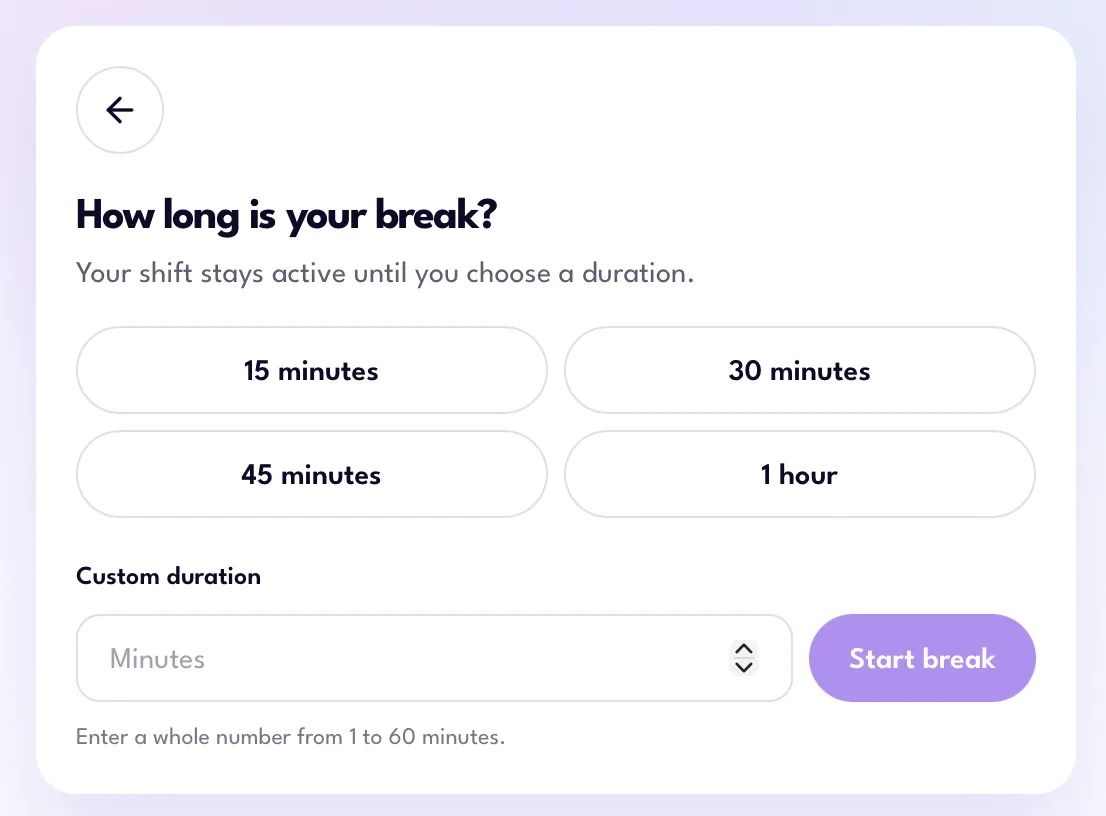 Take a break screen in the Magic Workspace App with 15, 30 and 45 minute, 1 hour and custom duration options