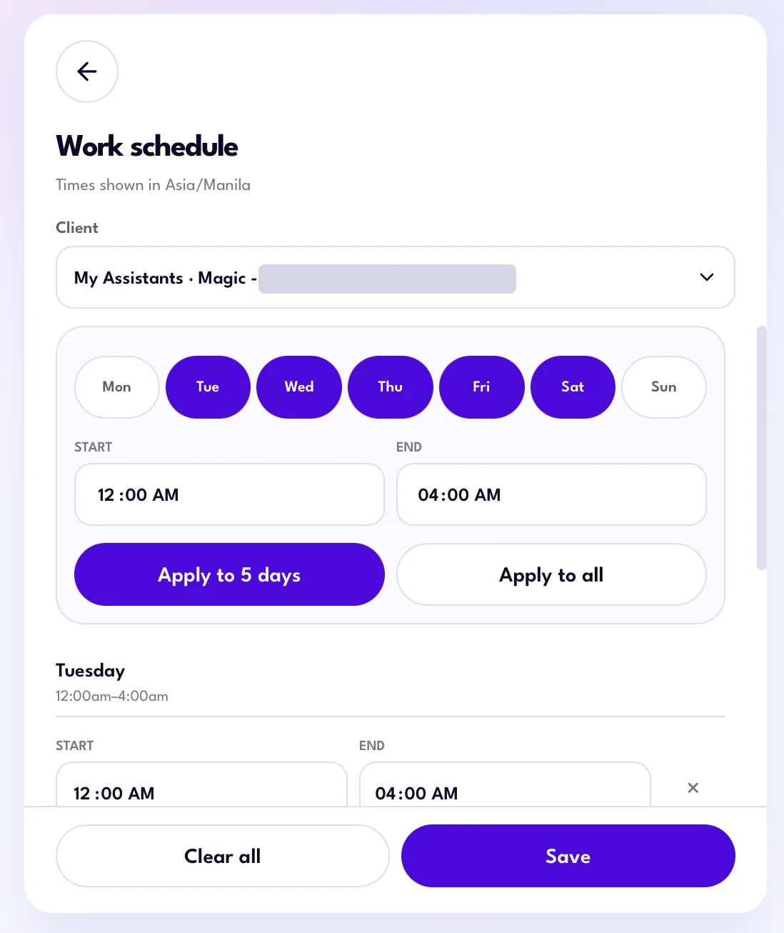 Work schedule screen in the Magic Workspace App with work days, start and end times and the Save button