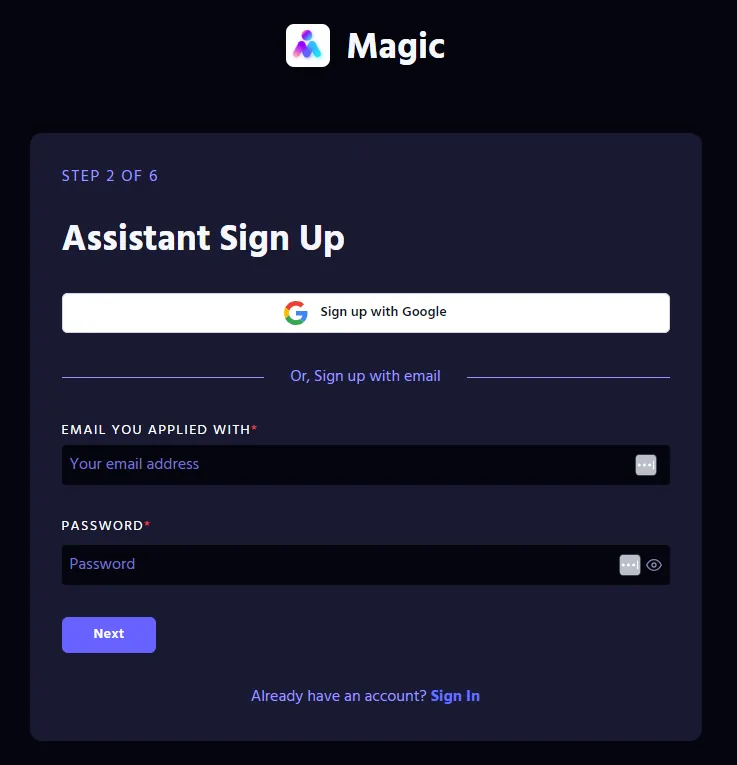 Magic Workspace Assistant Sign Up form with Sign up with Google and email and password fields