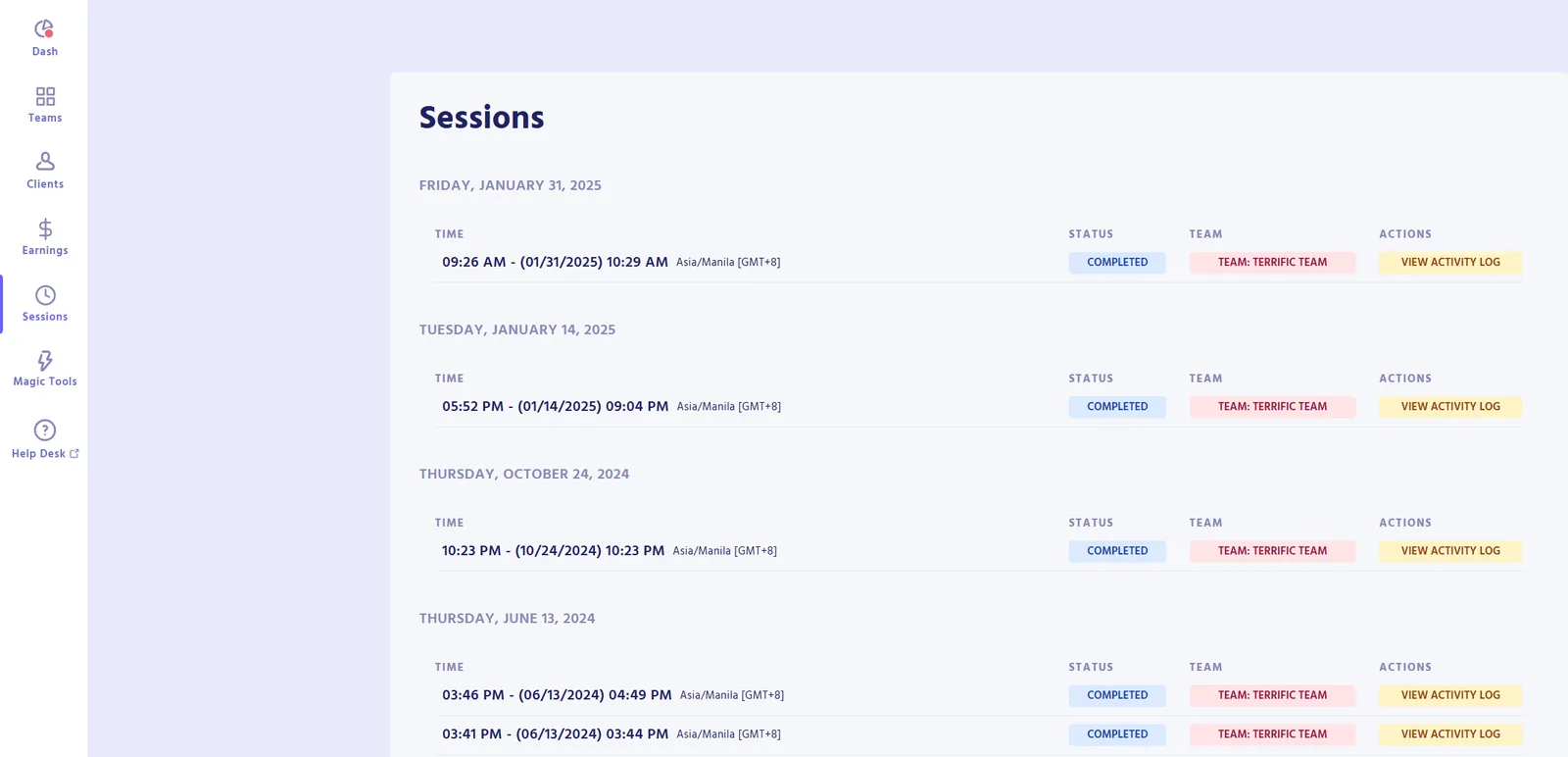 Sessions page in the Magic Workspace dashboard listing completed work sessions