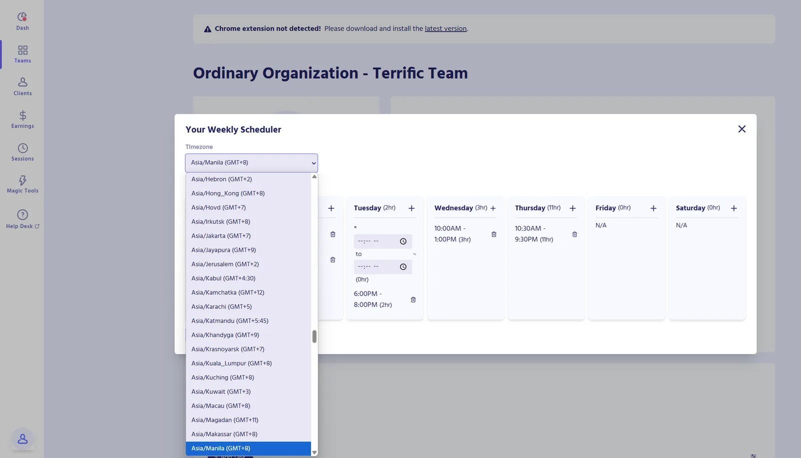 Web Workspace weekly scheduler with the time zone dropdown open and shifts listed for each day