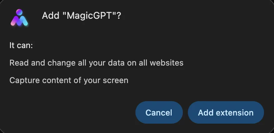 Chrome prompt asking to add MagicGPT, with the Add extension button