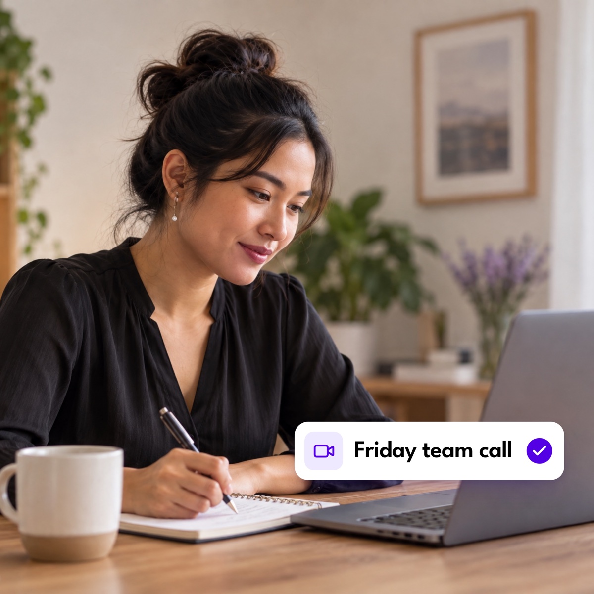 An assistant on a video call at her home desk, taking notes, with a "Friday team call" notification