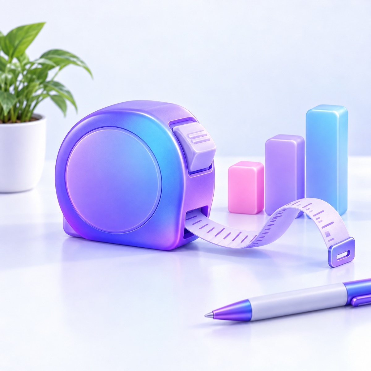 A violet tape measure unspooling beside three rising rounded bars