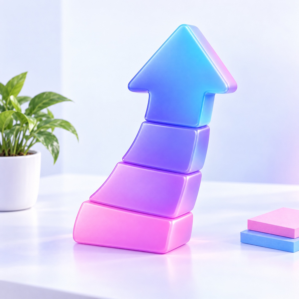 A rounded upward arrow built from stacked blocks, pink to violet to blue
