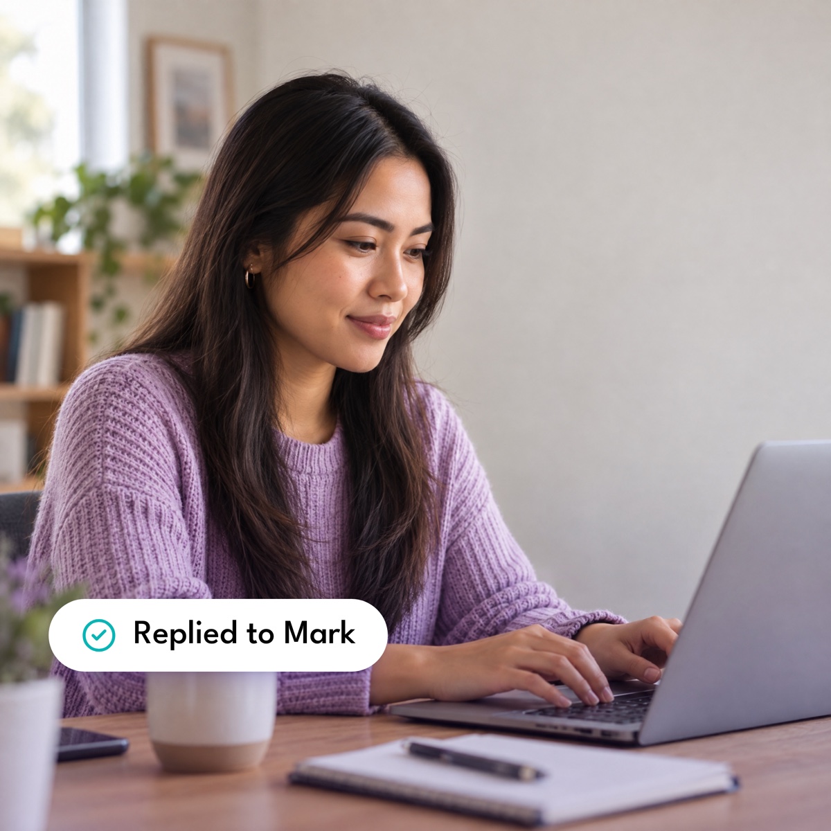 A support assistant typing a reply at her desk, with a "Replied to Mark" label