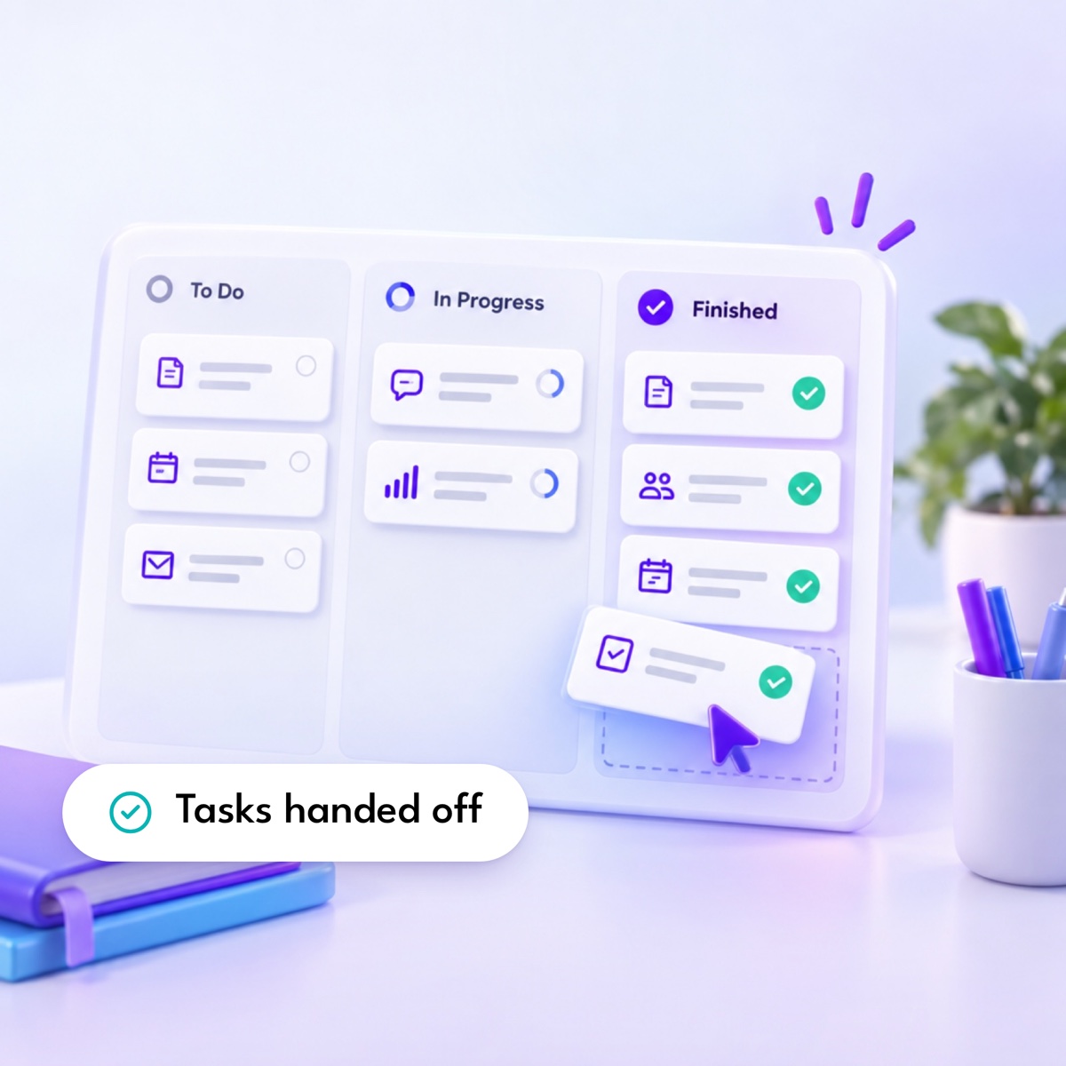 A task board with to do, in progress and finished columns, with a "Tasks handed off" label