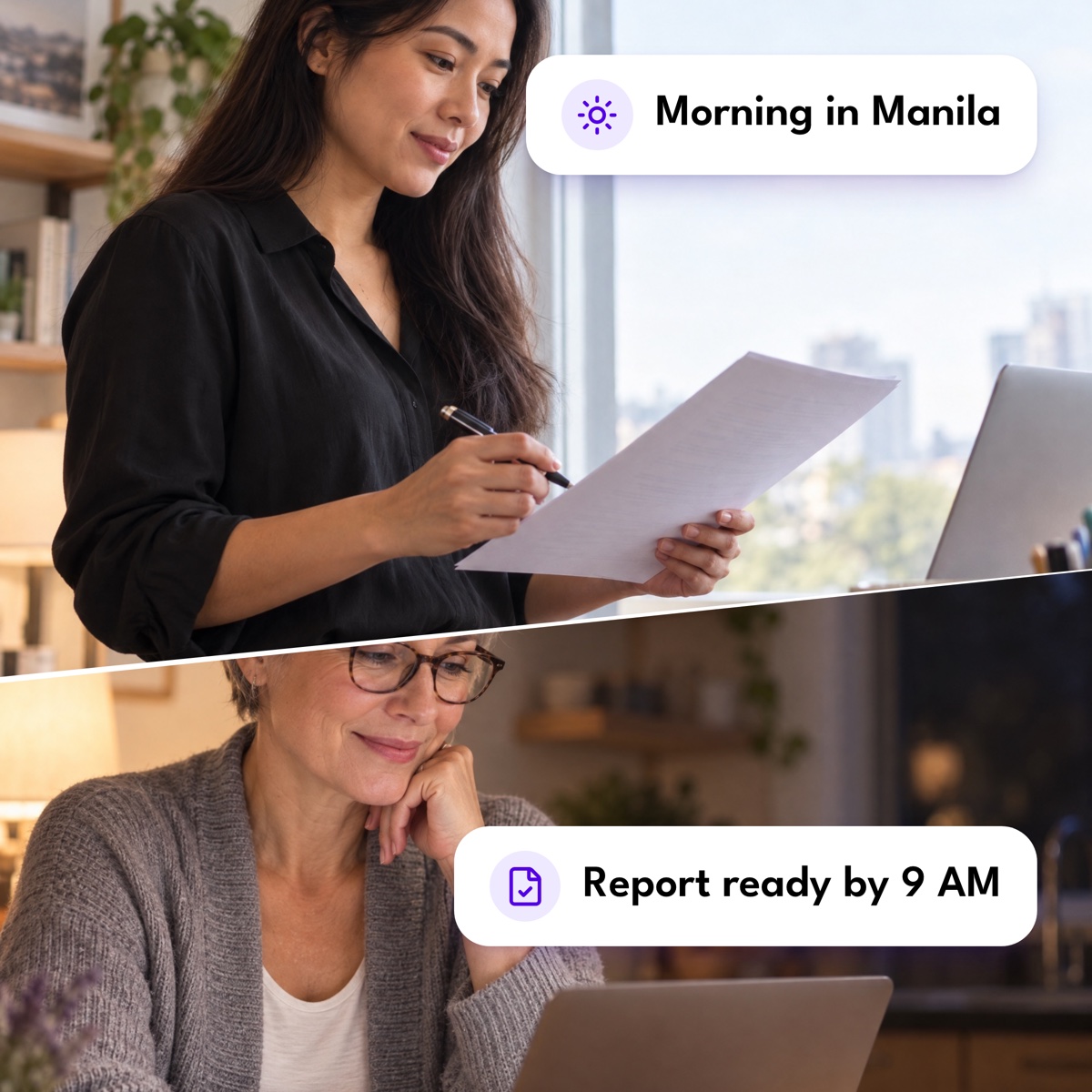 An assistant reviewing an agenda by a window above a business owner reading her laptop in the evening, with "Morning in Manila" and "Report ready by 9 AM" labels