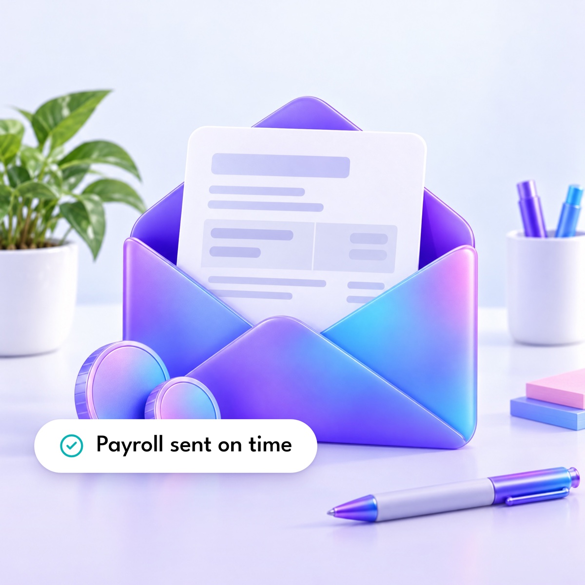 An open violet envelope with a payslip rising out of it and two coins, with a "Payroll sent on time" label